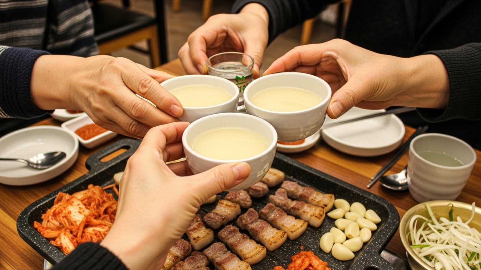 Four people toast with bowls of rice wine over Korean barbecue